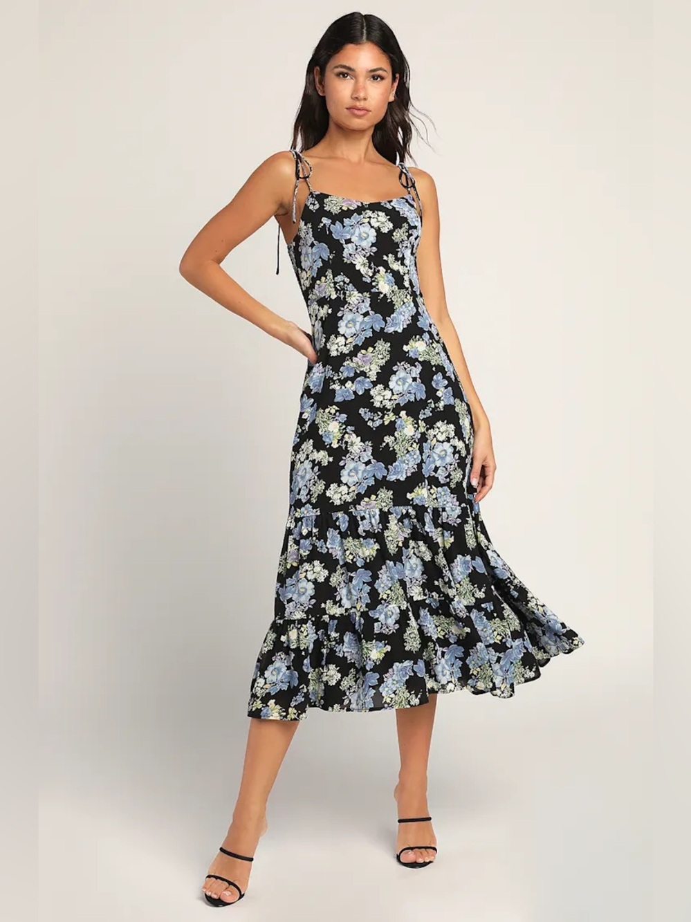 Started With a Kiss Black Floral Print Tie-Strap Tiered Dress Romantic Tiered